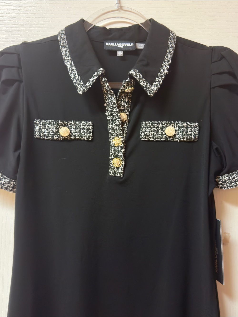 Karl Lagerfeld Black Midi Polo Dress with Tweed Trim and Gold Buttons - Picture 2 of 7